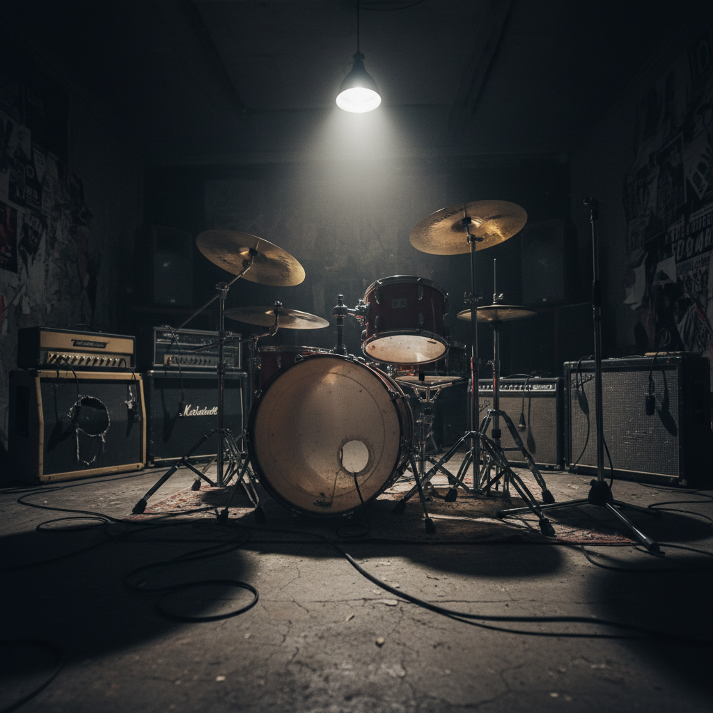 A dramatic, photographic realism image of a dim rehearsal room centered on a battered drum kit with chipped red lacquer, tarnished cymbals, and scuffed drumheads, surrounded by mismatched guitar amps and a tangle of black cables on a stained concrete floor. Empty instrument stands and a lonely mic stand hint at a band that just left. A single bare bulb overhead casts harsh, directional light, creating long, angular shadows and bright highlights on metal surfaces. Captured from a low-angle perspective, the scene feels raw, bold, and electric, symbolizing the gritty energy of new bands featured on a music review podcast.