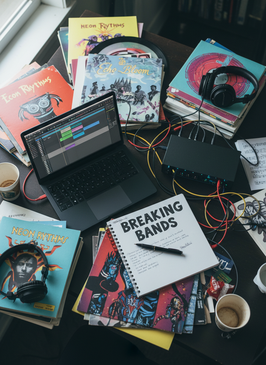 An overhead photographic shot of a cluttered music critic’s desk: a sleek black laptop open to an audio editing timeline, surrounded by stacks of colorful indie band vinyl sleeves, a matte-black audio interface with glowing LEDs, and a tangle of patch cables. A spiral notebook labeled “Breaking Bands” in bold hand-drawn letters lies center frame with a pen across it. Cool, diffused afternoon light from an unseen window softens the scene, with subtle reflections on the laptop screen. The composition uses rule of thirds with sharp focus throughout, evoking a bold, industrious atmosphere of constant discovery and review within the music podcasting world.