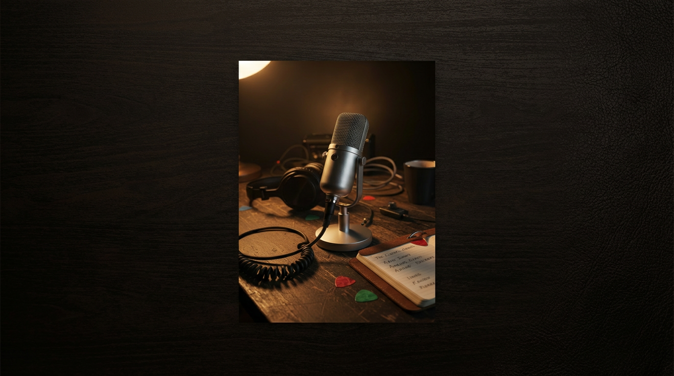 A bold, high-contrast close-up of a vintage brushed-metal microphone with a black grille, plugged into a coiled cable that snakes across a dark, scuffed wooden studio table. Around it lie scattered guitar picks, a worn notebook with handwritten band names, and a pair of oversized closed-back studio headphones resting on one earcup. Shot in photographic realism at eye level with a shallow depth of field, the mic sharply in focus and the background softly blurred. Dramatic, directional side lighting from a single warm desk lamp carves out strong highlights and deep shadows, creating an intense, energetic mood that reflects a cutting-edge music podcast.